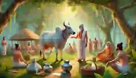 Sage Vasishta’s Ashram with Kamadhenu providing milk and food, surrounded by disciples and villagers in a tranquil setting.