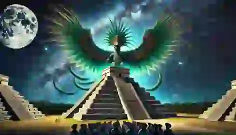 Kukulkan, as a feathered serpent, descends from the night sky above the Temple of Kukulkan in Chichen Itza.