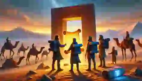 The archaeological team stands outside the closed obsidian gate at dawn, holding a glowing scroll.