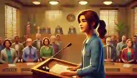 Sofia speaks passionately at a city council podium, with council members listening intently.