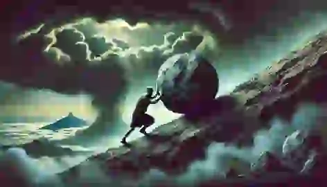 Sisyphus strains to push a massive boulder up a steep hill in the underworld, under dark swirling clouds, in an oppressive landscape.