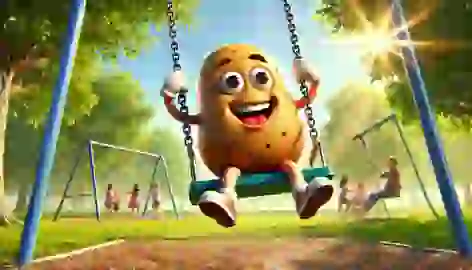 Spud swings on a park swing, joyfully soaring with children and trees in the background.