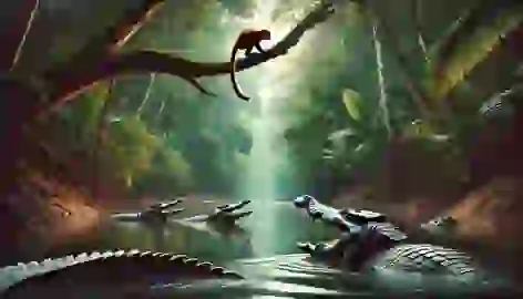 Sang Kancil leaps from a tall tree branch, avoiding the hungry crocodiles below in the river.