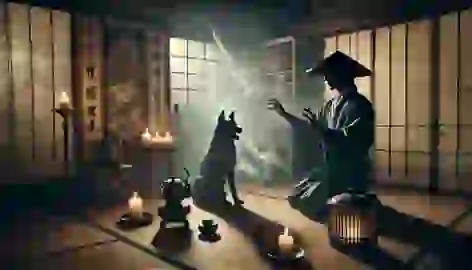 Hayato performs a forbidden ritual, summoning the Inugami in a dimly lit room.