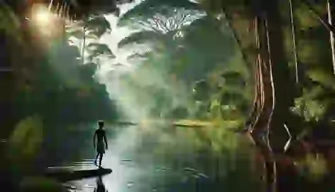 João prepares to cross a calm river in the Amazon, with the Curupira watching from the shadows of the jungle.