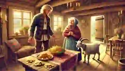 Hans proudly shows his mother the magical gifts in their cozy cottage, filled with warmth and light