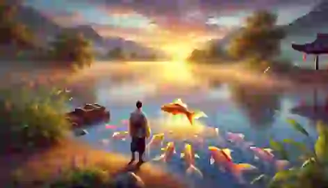 Chen releases the golden and wooden fish back into the river at dawn, watching them swim away.