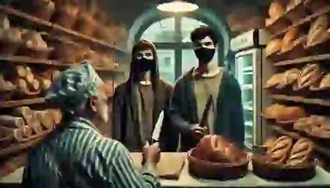 Two masked men stand in a bakery, one holding a knife, while the calm baker offers them loaves of bread