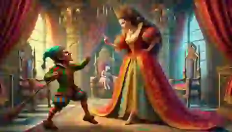 Queen confronting Rumpelstiltskin, standing confidently with her baby, as he stamps his foot in rage upon realizing she guessed his name.