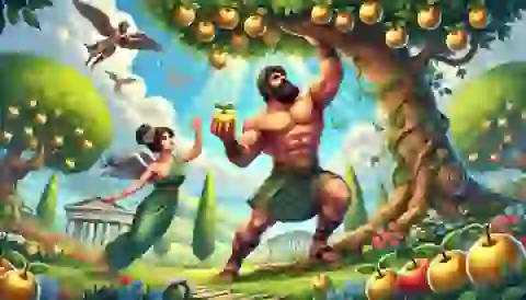 Hercules holding up the sky while Atlas picks the golden apples in a lush garden with mythical elements.