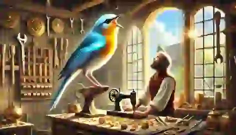 A glowing bird sings on a goldsmith