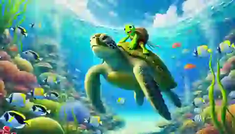 The large turtle offers Urashima Taro a ride to the underwater palace.