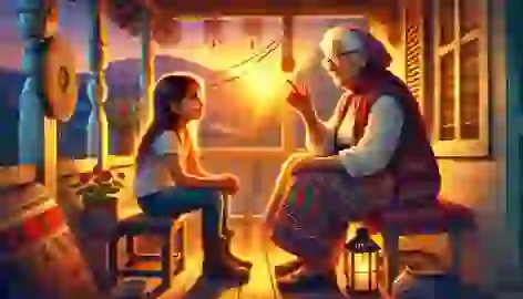 Maya and her grandmother sit on a porch at sunset, sharing family stories.