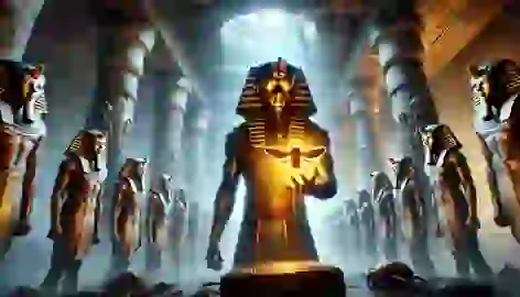 Pharaoh Neferkare holds a glowing golden scarab as statues of Khepri begin to awaken inside the tomb.