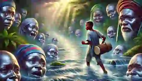 Olumide wading through the shimmering River of Tears, surrounded by sorrowful spirits.