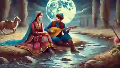 Aiman and Kairat sitting by a moonlit river, sharing stories, with lush steppe and soft reflections on the water