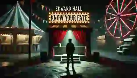 Edward Hall stands outside a small tent at a carnival with a sign reading 