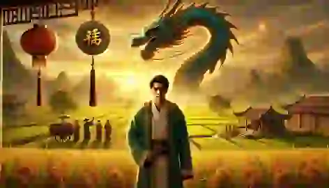  Liang stands in a rejuvenated village at sunset, wearing the jade medallion, with lush fields stretching into the distance.