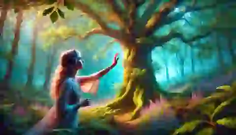 Elara touching the ancient oak tree in a mystical glade.