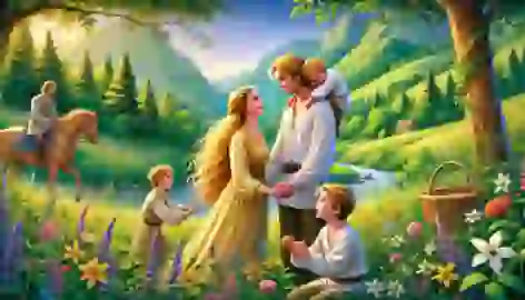 Rapunzel and the prince reunited in a lush valley with their twin children, surrounded by wildflowers.