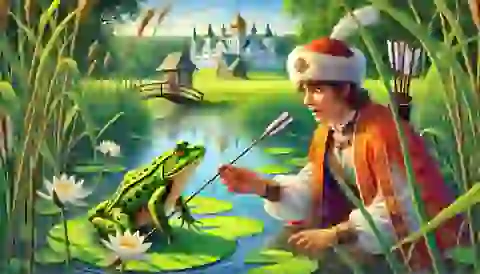 Prince Ivan finds the frog holding his arrow in the marsh.