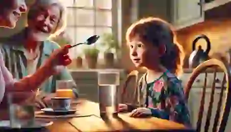 Ada Twist observes a spoon in a glass of water at the breakfast table with her mother nearby.