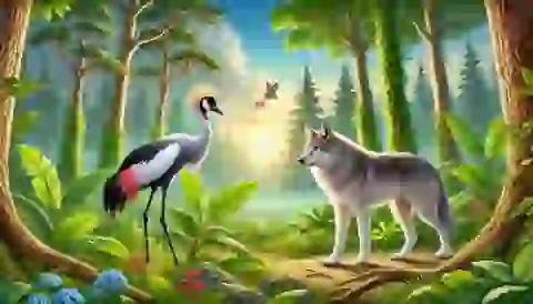 A wolf and a crane standing next to each other in a forest.