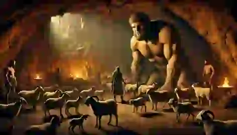 Polyphemus, the Cyclops, tends to his sheep in his dimly lit cave, while Odysseus and his men hide at the entrance.