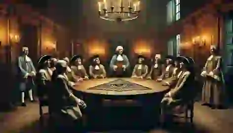 An 18th-century secret gathering of diverse men and women around a wooden table in candlelight.