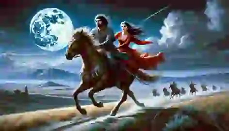 Köroğlu and Nigar flee across the moonlit plains on horseback, escaping their pursuers under a starry sky.