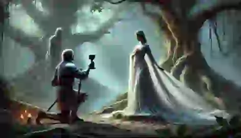 Sir Lancelot kneels before the Lady of the Lake in a mystical forest, illuminated by a soft glow.