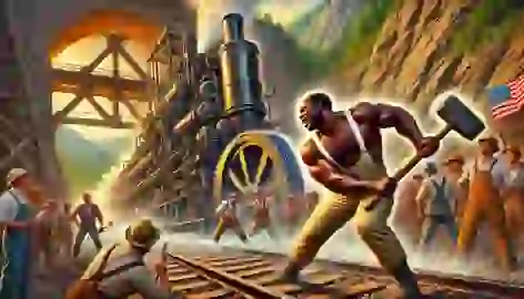 John Henry swings his hammers against the steam drill as a crowd watches in awe at his strength.