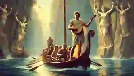 Orpheus plays his lyre aboard the Argonauts’ ship, countering the Sirens