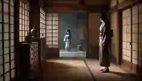 Haruka peers into a dusty storeroom where the ghostly Zashiki-warashi stands in the middle, adding to the eerie atmosphere.