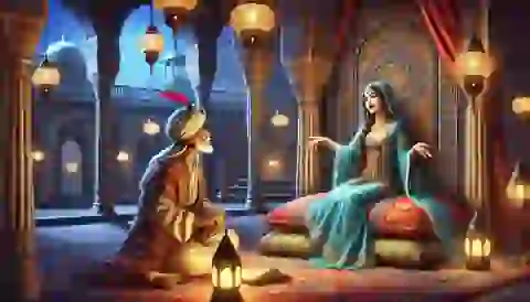 Scheherazade captivating the Sultan with her first story, set against a lavish Middle Eastern palace backdrop.