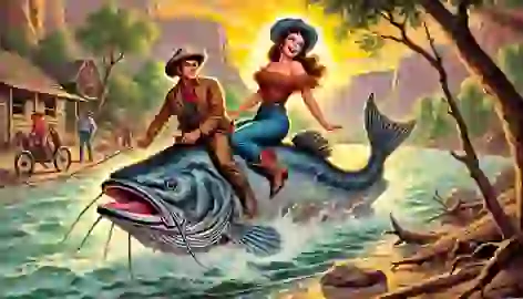 Pecos Bill meets Slue-Foot Sue riding a giant catfish down the Rio Grande at sunset.