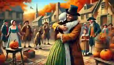 Rip Van Winkle embraced by his daughter Judith in the village.