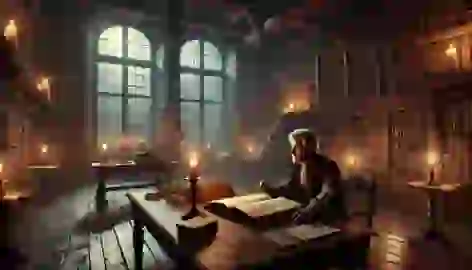 Heinrich Weiss studies old documents in a dimly lit, eerie library, with a storm raging outside.