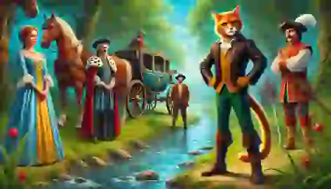 Puss in Boots by the river as his master is rescued by the king