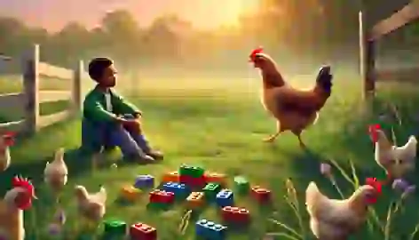 Taylor sits on grass as a chicken approaches, offering comfort.