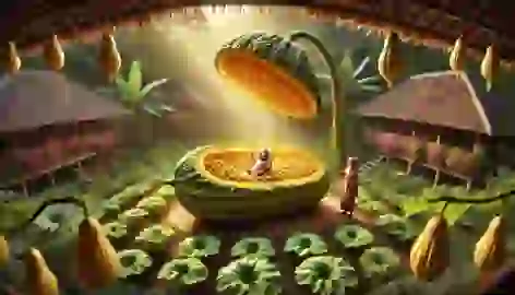 Mbok Sirni opening a golden cucumber in her garden, revealing baby Timun Mas inside, with greenery around her.