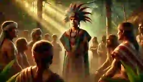 Young Kukulkan in traditional attire stands as villagers admire him in an ancient Maya jungle village.