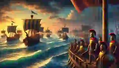 The Greek fleet sails across the sea towards Troy, with Agamemnon leading the charge from the deck of his ship.