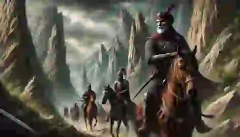 Bahram Gur leads his warriors through rugged mountains under cloudy skies, preparing to face the dragon.