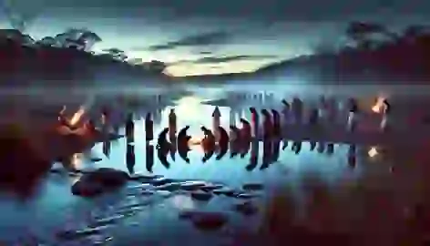 Aboriginal people kneel near a river at dusk, offering gratitude to water spirits for sustaining life.