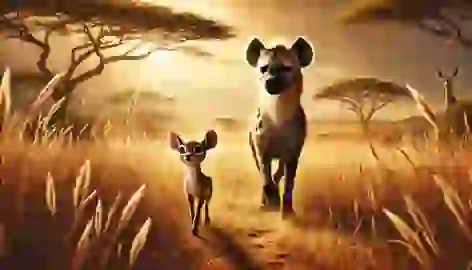 Kito the gazelle and Jabari the hyena walk side by side on the savanna, symbolizing their newfound friendship.