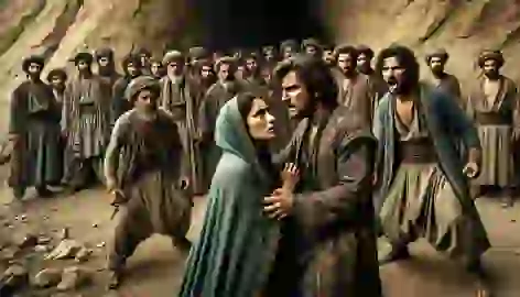 Outside the Lover’s Cave, Majid stands protectively in front of Leyla as a group of angry men confront them.