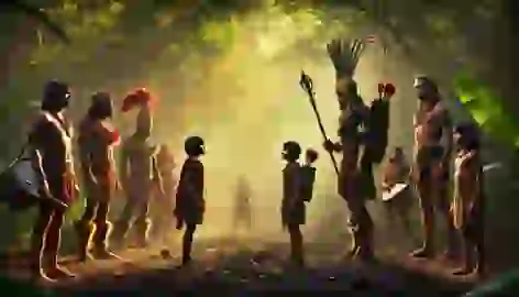 Hunahpú and Xbalanqué facing their older half-brothers, One Monkey and One Artisan, in a jungle clearing.