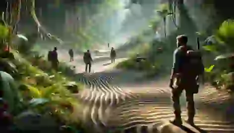 A group of explorers cautiously navigates a dense jungle with glowing plants, following shifting sand patterns.