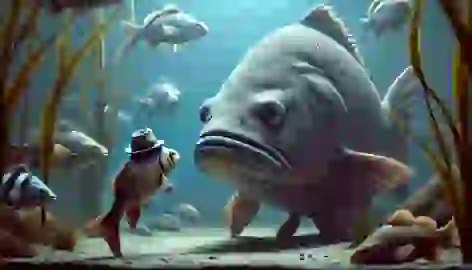 Large fish confronting small fish who hesitantly holds the stolen hat.